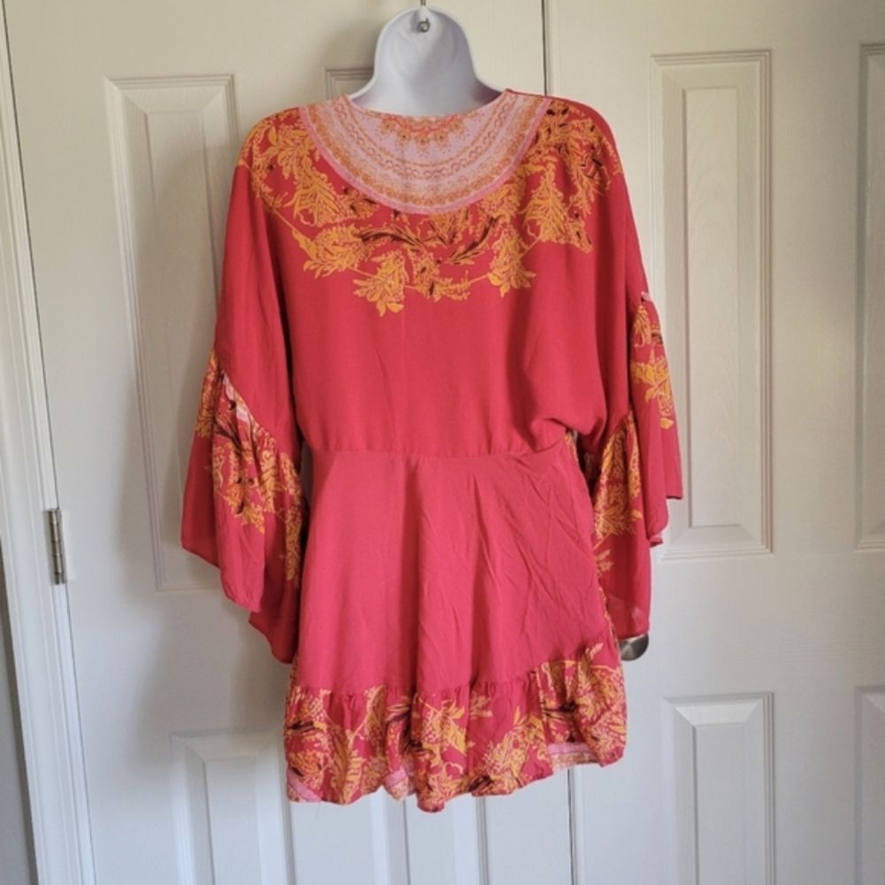 Free People Sunset Dreams boho print bell sleeve salmon color top women's‎ XS - Picture 11 of 16